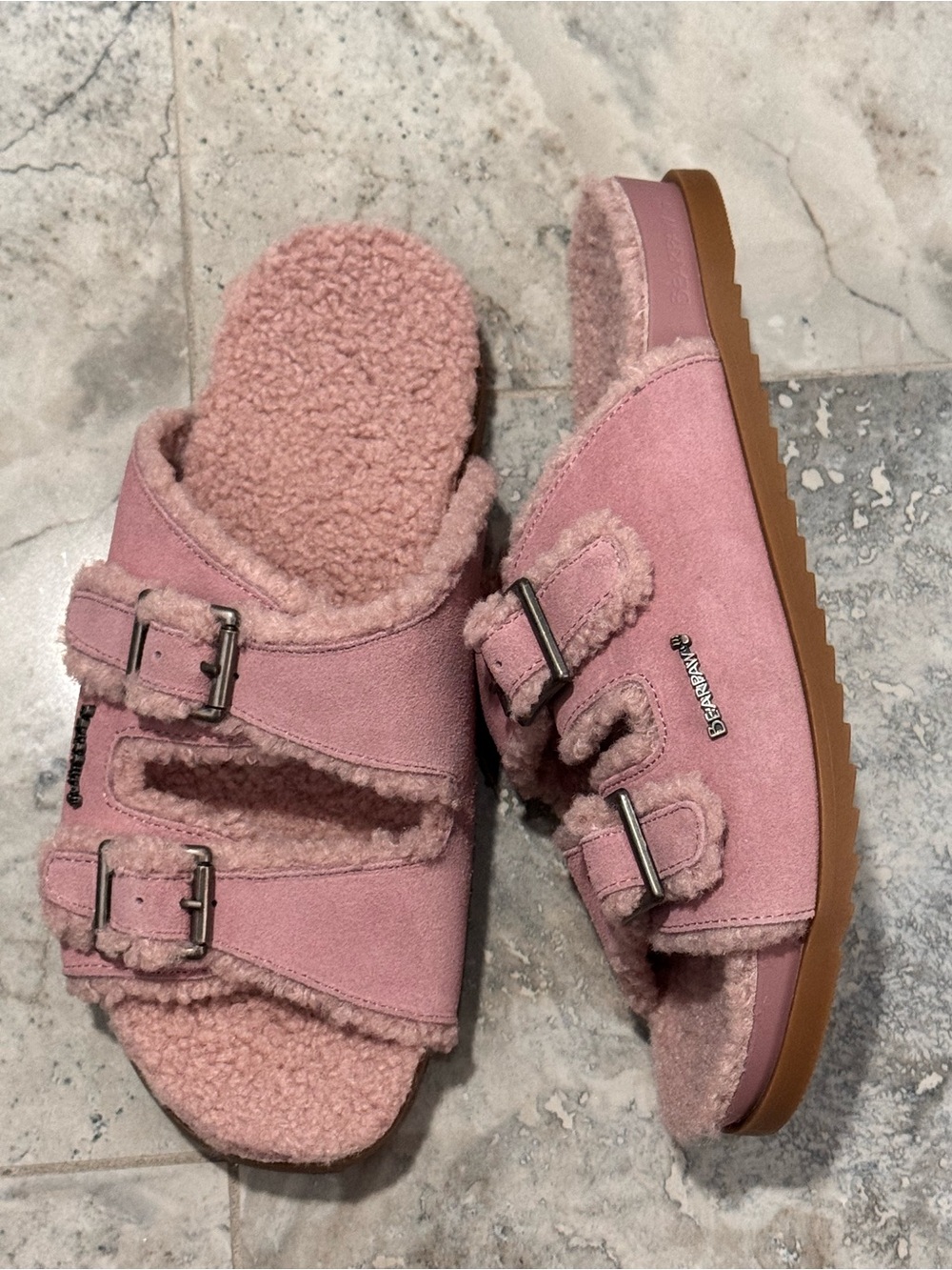 NWOB BearPaw Pink Shearling Double-Buckle Slide Clogs- cow suede